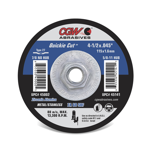 Super Quickie Cut# Reinforced Cut-Off Wheel - Type 27 - Aluminum Oxide 6 x .045 x 5/8-11