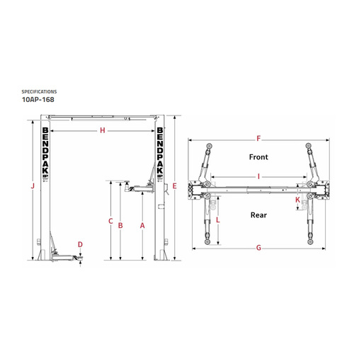 10AP-168 10,000lbs Capacity 2 Post Lift ClearFloor Adjustable Width Base- 168