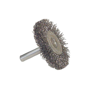 Weiler® Vortec Pro® Stem Mounted Wire Wheel Brush, 3 in Dia, 1/4 inArbor, 0.008 in Carbon Steel Crimped, Radial Wire, 20000 rpm