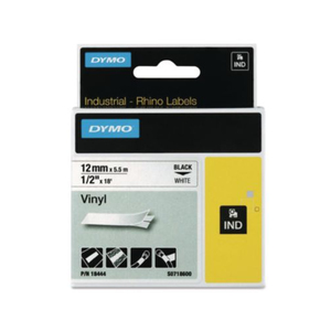 Rhino Permanent Vinyl Industrial Label Tape, 0.5" x 18 ft, White/Black Print