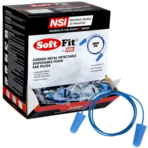 NSI Soft Fit® NRR 32 Corded Metal Detectable Foam Disposable Ear Plugs100 Pair/Box