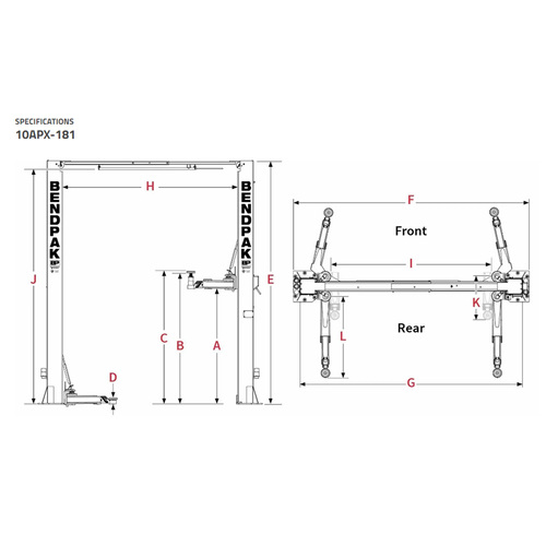 10APX-181 10.000lbs Capacity 2 Post Lift ClearFloor Adjustable WidthBase - 181