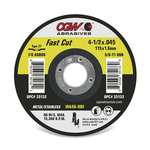 Fast Cut Wheels- Metal / Stainless Steel - Type 27 - Aluminum Oxide - 4-1/2 x .045 x 5/8-11
