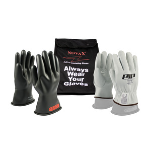 Electrical Insulated And Leather Protector Glove Set With Protective Bag- Black - Size 8 - Class 0