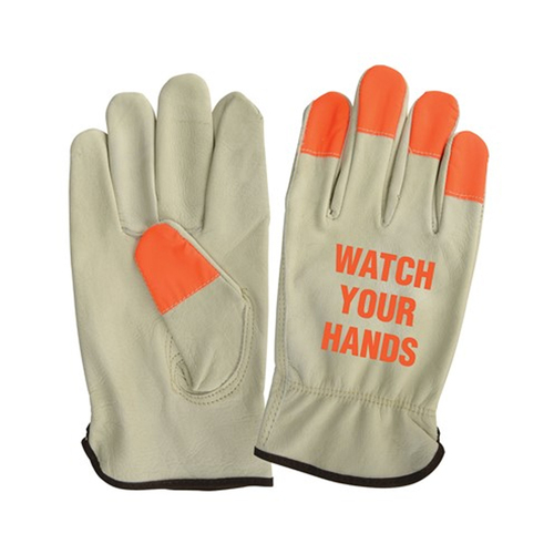NSI Watch Your Hands Hi-Vis Orange Fingertip Grain Leather Driver'sGloves, 2XLarge