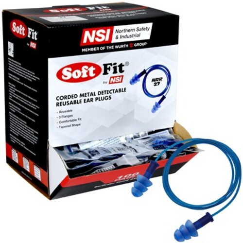 NSI Soft Fit® NRR 27 Corded Reusable Metal Detectable Ear Plugs 100Pair/Box