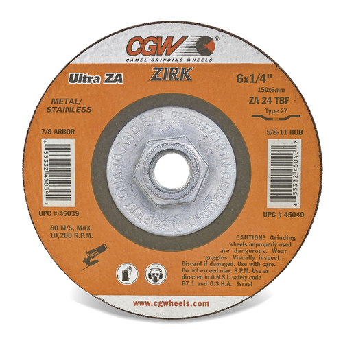 Depressed Center Grinding Wheel - 1/4 Inch (6.4mm) - Type 27 - Zirconia - 7 x 1/4 x 5/8-11